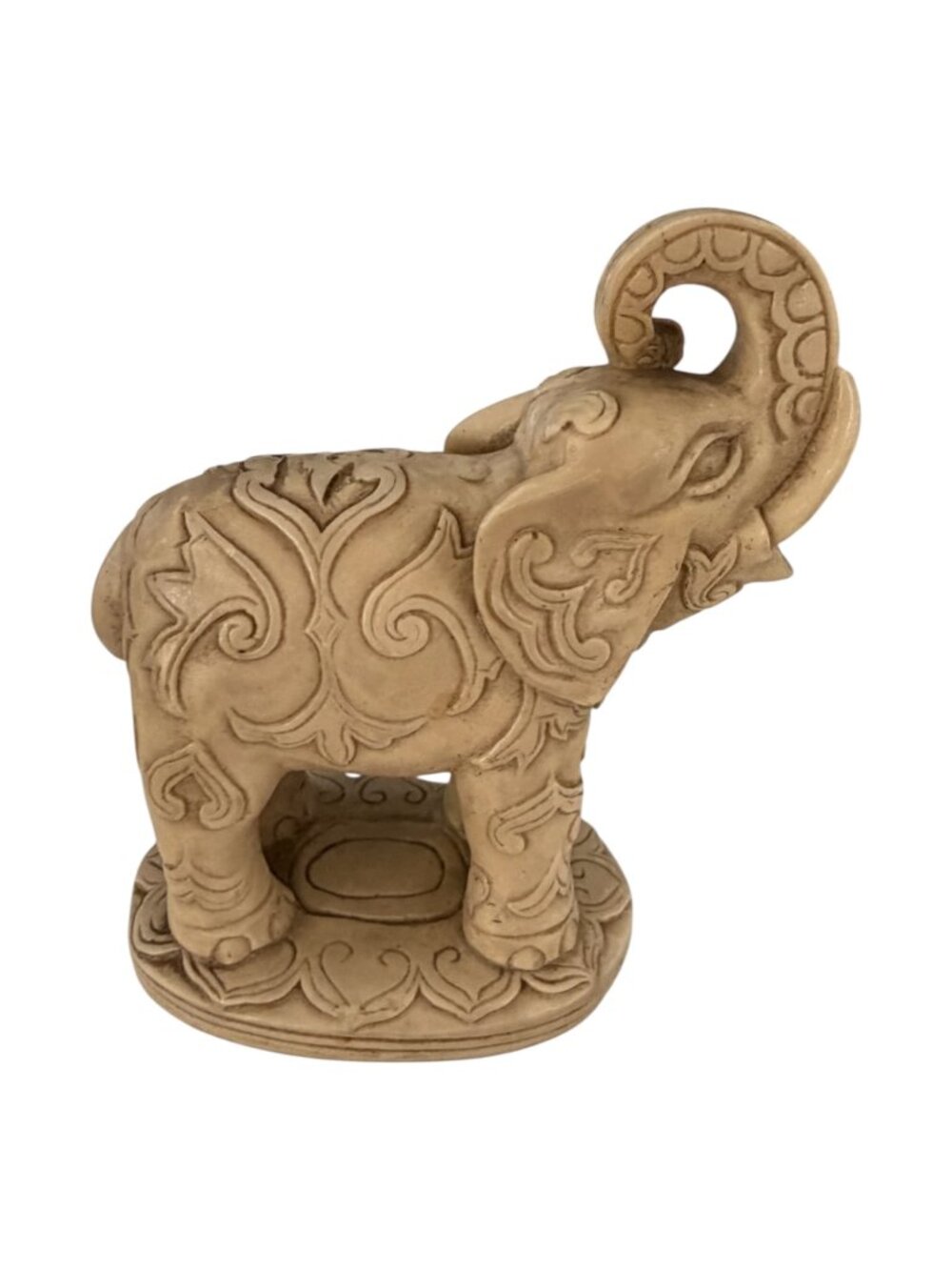 Vintage Ornate Elephant Figurine Raised Trunk Carved Look 4 Inch
